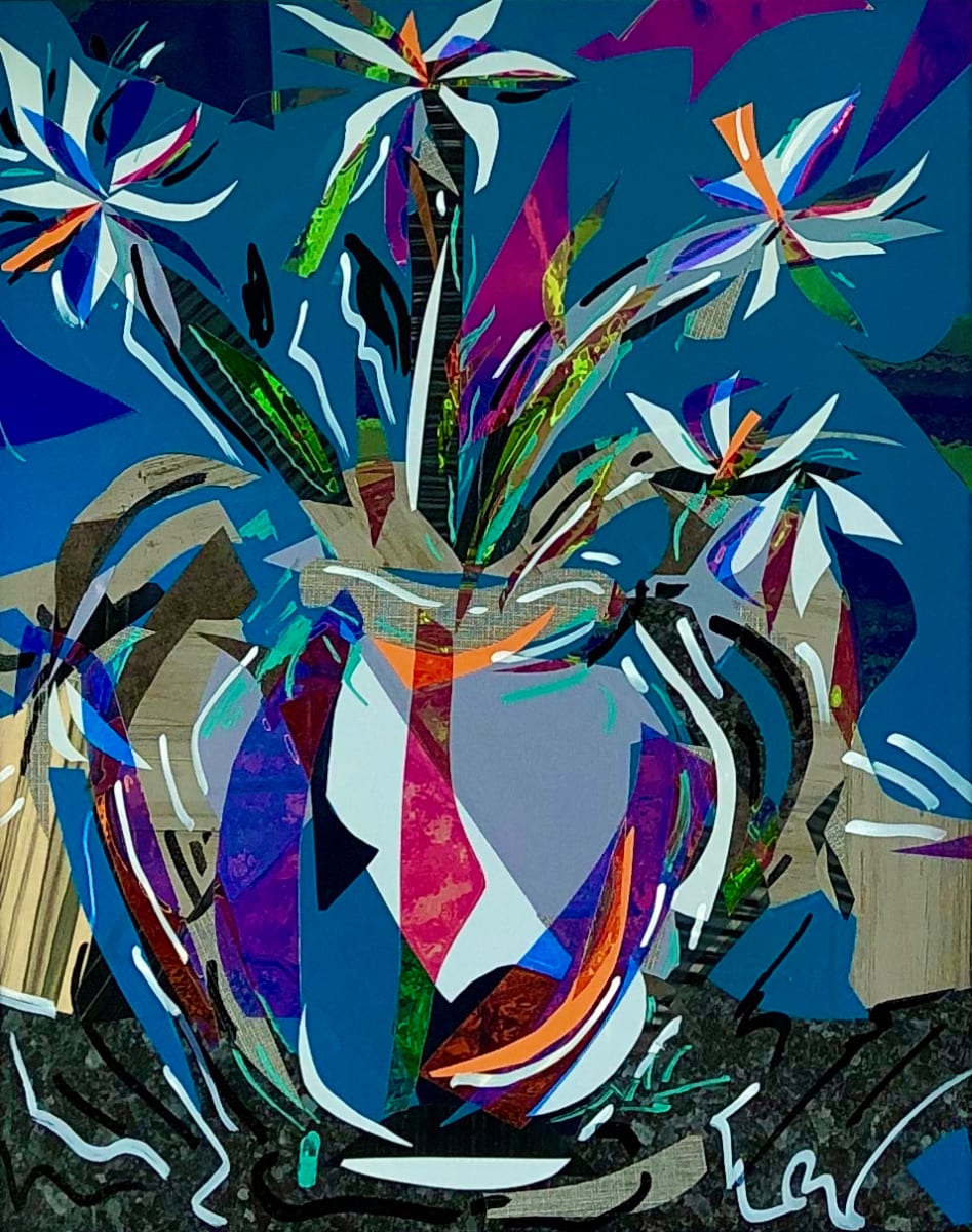 Flores en Azul by Jimmy Longoria  Image: "Flores en Azul" is a 20"x16" piece crafted with 3M vinyls and wraps. This creation is a bold and abstract depiction of flowers in a vase, blending rich hues of blue, purple, and green, with vibrant touches of white and orange. Inspired by Van Gogh's "Flowers for Gauguin," this piece showcases a lively composition filled with angular shapes and dynamic lines. The geometric patterns throughout create a sense of movement and energy, bringing the flowers to life. Working exclusively with shades of blue added an intriguing layer to the creative process.