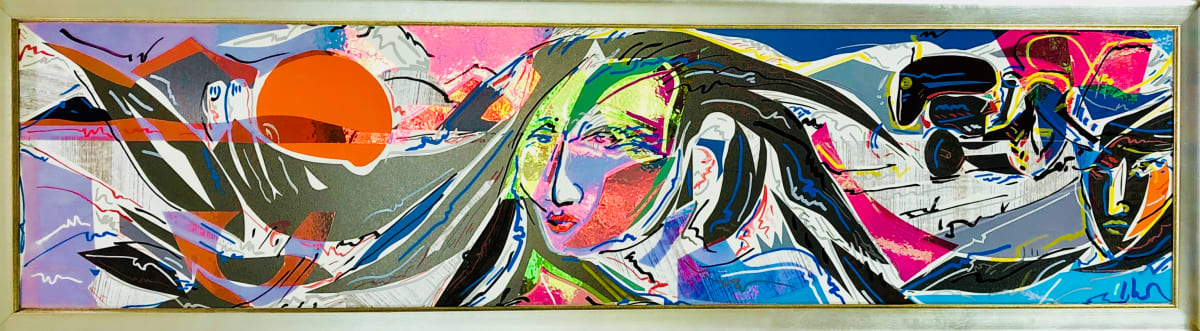 Orange Sun - Thank you to Connie by Jimmy Longoria  Image: I continued experimenting with the 3M material, putting an emphasis in this model for a full size mural on textured and patterned vinyls under prismatic films and enamel markers.  The original intent for architectural use of the materials excited me with their durability and potential for use on high-traffic mural sites.  The piece continues to intrigue me with its responsiveness to the changing light of the day, and movement of the viewer.  Prismatic tint window films employed over faux finish vinyls give a dramatically changing color providing a plastic narrative iconography.