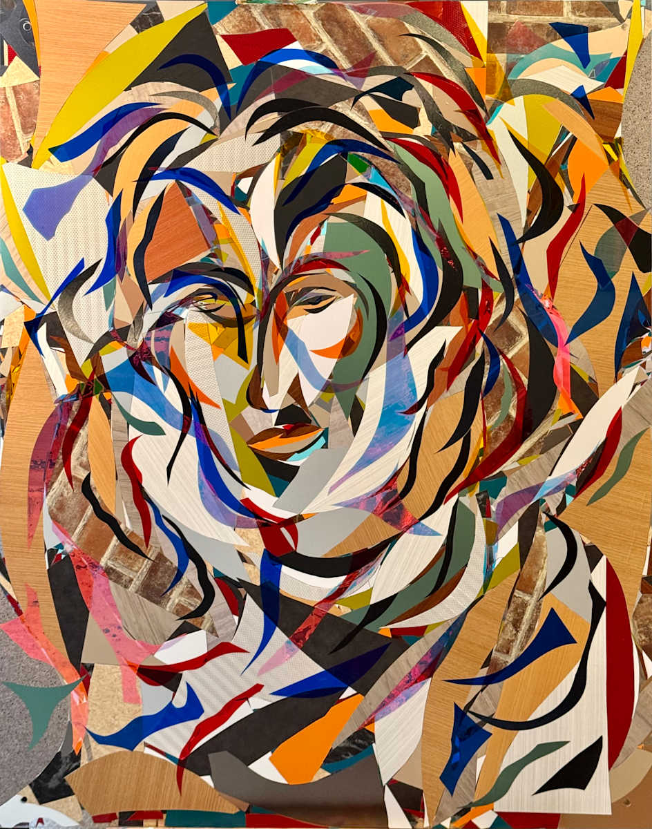 Nuestra Cara by Jimmy Longoria  Image: I am thrilled to introduce "Nuestra Cara," a captivating exploration in 3M architectural vinyls and prismatic films. This abstract work takes the form of a stylized face, crafted from an energetic array of swirling shapes and vibrant hues. With its prominent eyes and lips, the face emerges through a lively interplay of blue, red, green, and yellow, set against a backdrop of dynamic, overlapping patterns. This piece celebrates the rich diversity of Hispanic Latino identity, bringing it to life through a single, expressive visage. What truly sets "Nuestra Cara" apart is its interactivity; as viewers move, the artwork shifts and engages, offering a unique perspective from every angle. I'm excited for you to experience the depth and movement that "Nuestra Cara" brings to its space, and see how it resonates with everyone who engages with it.