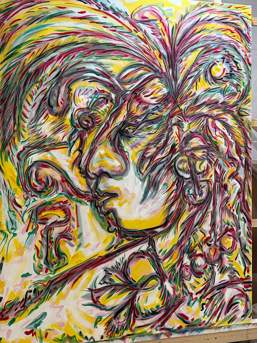 Mayan Warrior with Flute by Jimmy Longoria  Image: "Mayan Warrior with Flute" is a vibrant 60-by-48 inch acrylic on canvas abstract portrait brimming with energy and motion. I was inspired by the extraordinary culinary artistry of Chef Cristian DeLeon at Xelas by El Sazon. The artwork weaves swirling lines and a bold palette of yellows, reds, pinks, and blues into a stylized face with exaggerated features, surrounded by patterns reminiscent of feathers or floral elements. These intricate details create a complex and fluid composition that explores the synergy of sound and spirituality. The process involved imagining a warrior seeking blessings from a Mayan priest, a journey I am thrilled to share through this artwork.