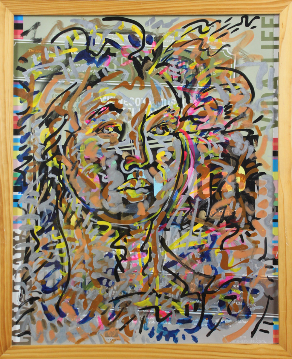 La Señora by Jimmy Longoria  Image: "La Señora" captures the essence of a face through bold, swirling lines and an explosion of vibrant colors. Utilizing enamel on a Chicano Show poster, I've layered yellows, pinks, blues, and reds over a dynamic background, creating a visually captivating effect. The spontaneous, scribble-like strokes infuse the piece with movement and energy, inviting you to dive into its abstract, lively world. The creation of "La Señora" was a unique journey, inspired by the interplay of color and form.