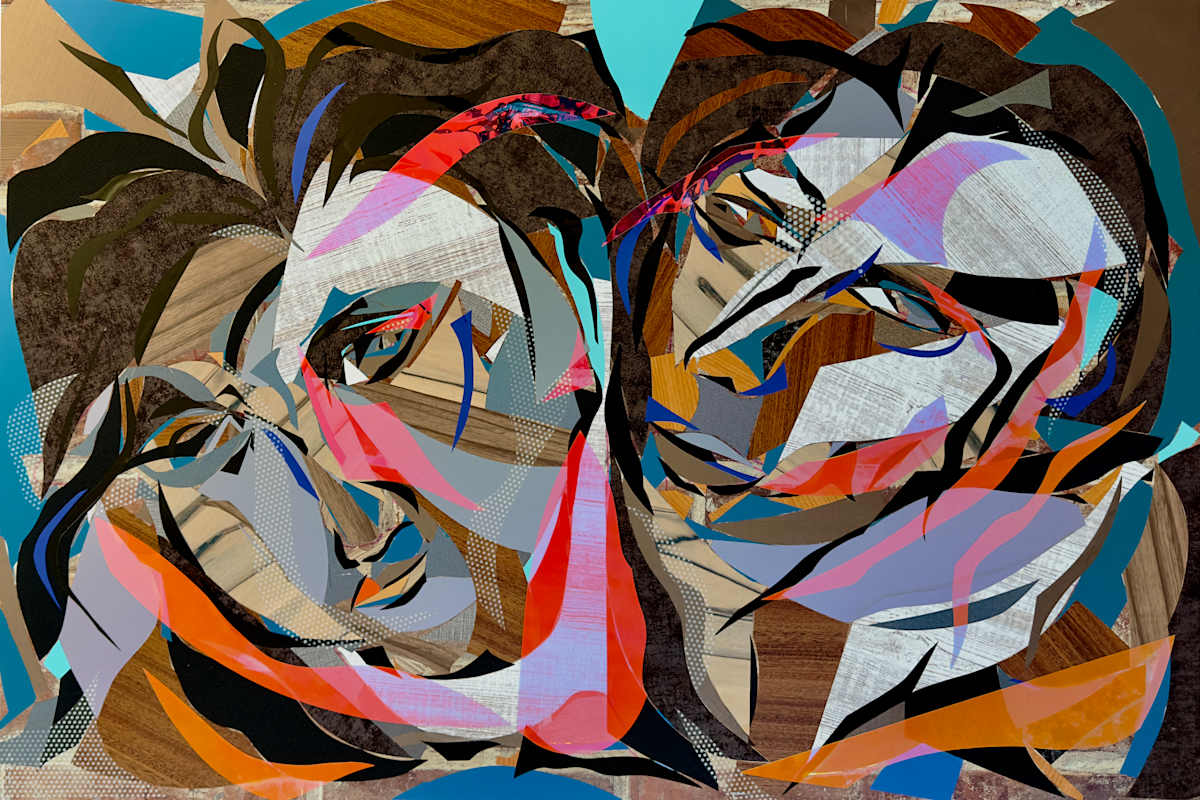 Los Maridos Series:  El Beso by Jimmy Longoria  Image: "El Beso," part of the Los Maridos Series, measures 24 inches high by 36 inches wide and is crafted using 3M Architectural Vinyls and Prismatic Films. "El Beso" is a vibrant, abstract composition that captures the essence of human connection through stylized faces, dynamic shapes, and bold colors like blues, browns, oranges, and pinks. The intricate layering and varied textures create a lively visual experience, inviting the viewer to engage emotionally with the artwork. Inspired by the powerful connection between the political influence of Hispanics in the United States and their family structures, "El Beso" seeks to convey movement and emotion. 