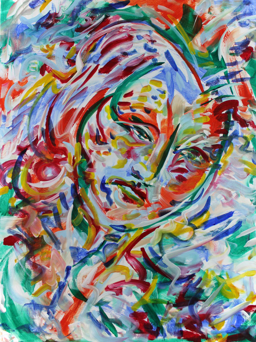 Cara Series:  La Dama Longoria by Jimmy Longoria  Image: "La Dama Longoria" is an abstract portrayal of a face, where vibrant reds, blues, greens, and yellows flow together in dynamic, swirling brushstrokes. The expression is both serene and enigmatic, capturing the beauty and mystery of human emotion. Creating "La Dama Longoria" was a unique process, where each stroke contributed to a dance of color and movement. Inspired by the harmony of vibrant hues and expressive forms, this artwork invites you to explore the balance between calm and complexity.