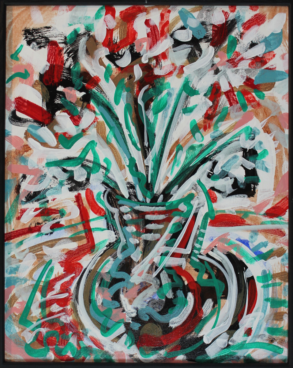 Chicano Spirit in Flowers by Jimmy Longoria  Image: "Chicano Spirit in Flowers" is a 20"H x 16"W acrylic on canvas that captures an abstract vase of flowers with explosive energy. Through bold, expressive brushstrokes and a vivid palette of reds, greens, blacks, and whites, this piece embodies the dynamic movement and lively atmosphere characteristic of the Chicano approach to art. The swirling lines and overlapping colors invite you to experience the piece as a vibrant dance of form and color. I drew inspiration from the idea of transforming a familiar still life into a passionate exploration of universal themes. This artwork captures a unique interplay between familiarity and innovation, offering a fresh perspective that remains true to its cultural roots. I invite you to explore this new work and feel the spirited energy it brings to your space.