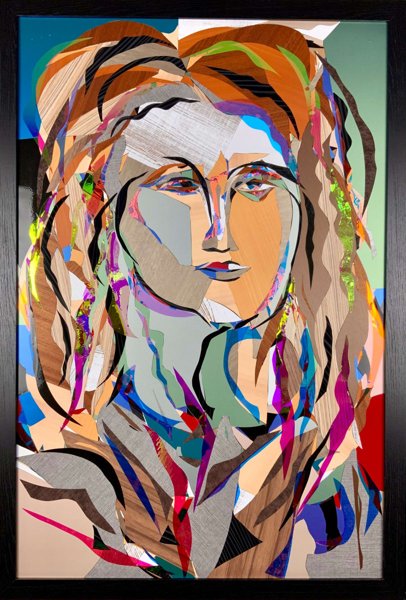 Maria by Jimmy Longoria  Image: "Maria" is a vibrant and abstract portrait that explores the connection between cultural identity and myth. Measuring 36 inches in height and 24 inches in width, this piece is brought to life through the use of 3M Architectural Vinyls and Prismatic Films. The artwork is a dynamic composition of geometric shapes and colors, featuring blues, pinks, oranges, greens, and browns that merge into the figure's facial features and flowing hair. With bold lines and a diverse palette, "Maria" captures a sense of depth and movement, while the hair's lively colors contribute to the expressive essence of the piece. Inspired by the link between the myth of the mother of Jesus and the prevalence of Maria in Latina names, this portrait invites reflection and connection. 