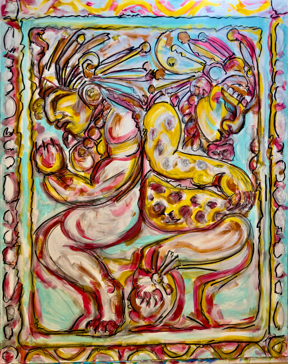 Pulque Gods Vessel: Center by Jimmy Longoria  Image: "Pulque Gods Vessel: Center" is a vivid exploration of cultural expression on canvas, measuring 60 inches high by 48 inches wide. This acrylic painting showcases two dynamic figures adorned with intricate headdresses and elaborate body patterns. The vibrant hues of yellow, pink, and Mayan blue, accentuated by bold outlines, bring a sense of rhythm and fluidity to the piece. Inspired by the culinary artistry of Chef Cristian DeLeon at Xelas, this artwork serves as the centerpiece of a triptych, capturing the essence of ancient or tribal art forms. 