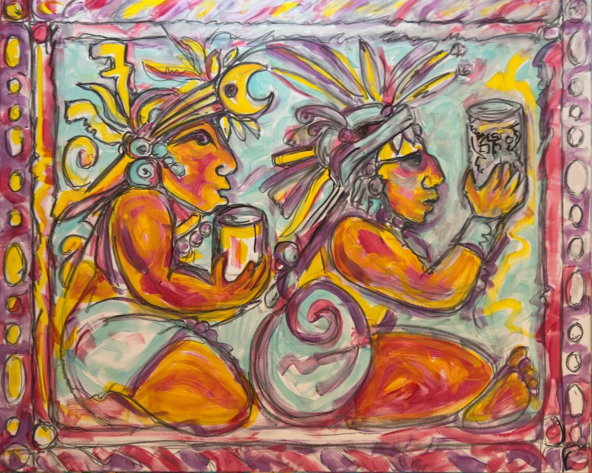 Pulque Gods Vessel:  Left by Jimmy Longoria  Image: "Pulque Gods Vessel: Left" is a vibrant acrylic on canvas piece sized at 48 inches high by 60 inches wide. Inspired by the rich culinary artistry at Xelas and its talented chef, Cristian DeLeon, this work captures the essence of progressive Mayan cuisine. The painting brings to life two figures with striking headdresses and jewelry, all set against a dynamic Mayan blue background. Their vessels hold the magic of intricate patterns, framed by a border of complementary motifs. This piece is a celebration of cultural heritage and artistic inspiration.