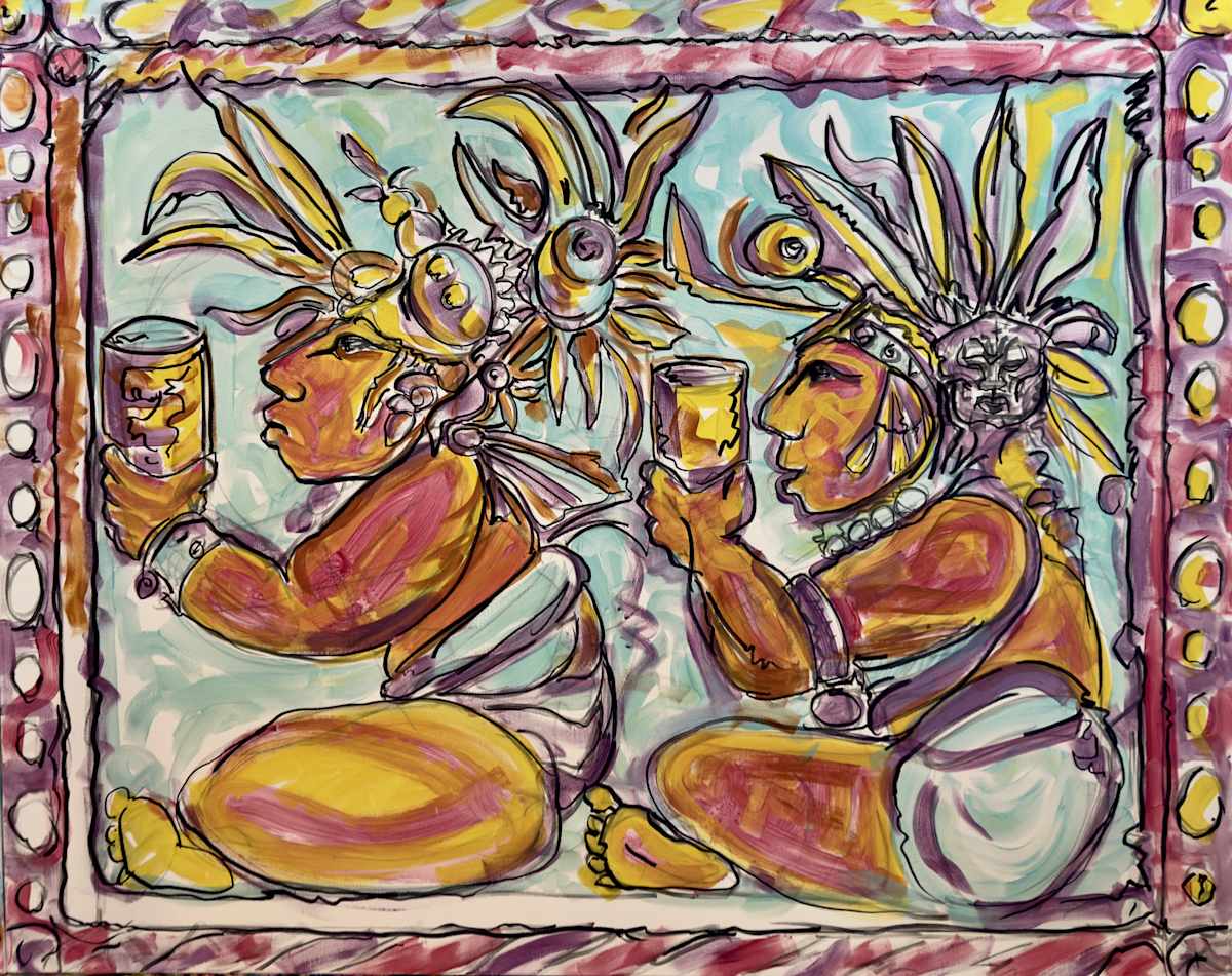Pulque Gods Vessel:  Right by Jimmy Longoria  Image: "Pulque Gods Vessel: Right" is crafted with acrylic on canvas and measures 48 inches high by 60 inches wide. This vibrant artwork highlights two figures sitting side by side, each holding a cup, surrounded by a lively mix of yellows, purples, and blues. Their elaborate feathered headdresses and intricate body decorations reflect a cultural and ceremonial theme, while the swirling background adds to the festive energy. This piece is part of a larger triptych and was inspired by the culinary art of chef Cristian de Leon at Xelas by El Sazon.