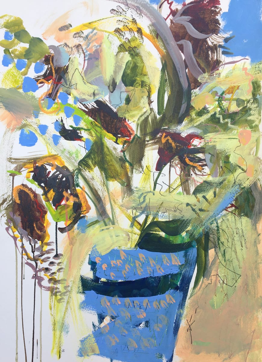 Fading Flowers in a Blue Pot by Lesley Birch 