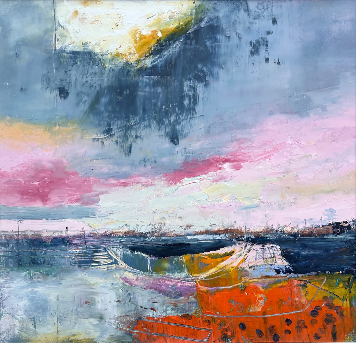 Harbour with Pink & Red by Lesley Birch 