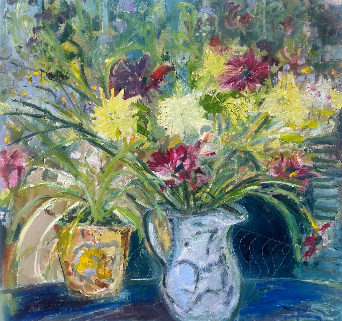 Dahlias & Spider Plant by Lesley Birch 