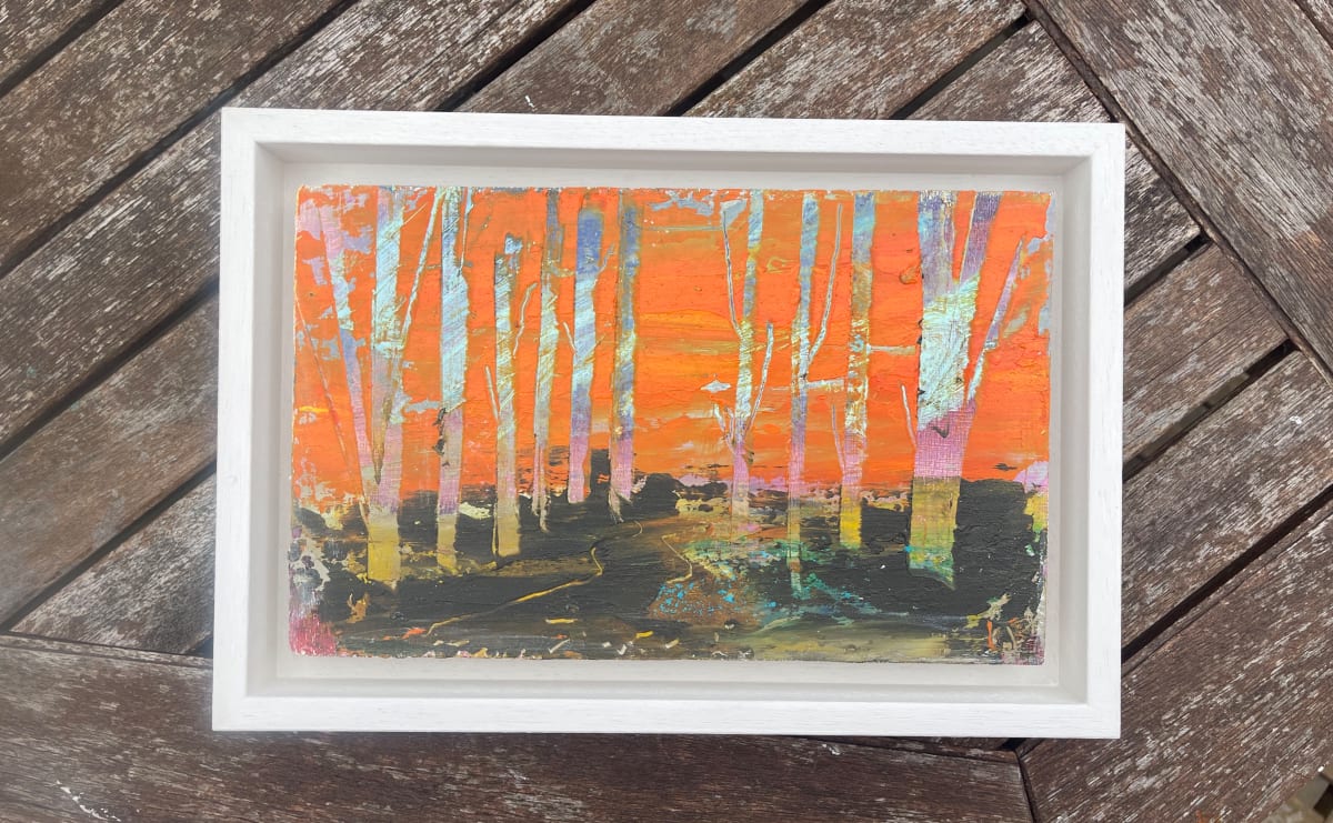 Woodland with Orange Sky by Lesley Birch 