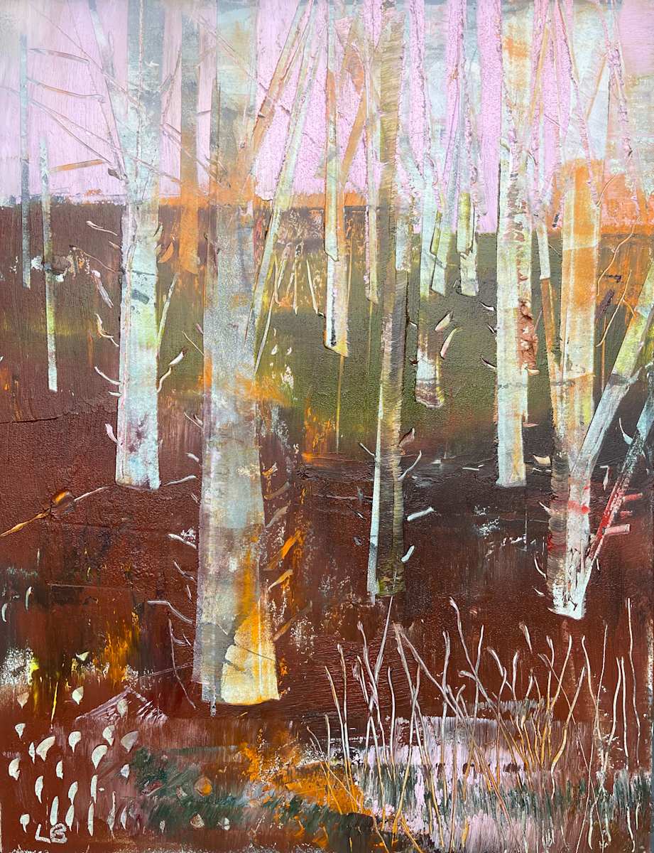 Woodland with Pink Sky by Lesley Birch, Image 1.