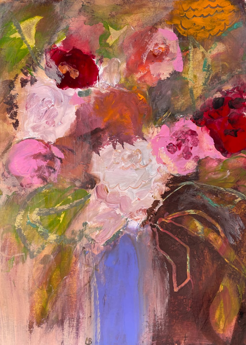 Zinnias in a Blue Pot by Lesley Birch, Image 1.