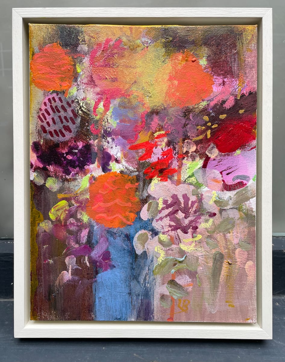 Zinnias, Blue Pot 2 by Lesley Birch, Image 1.