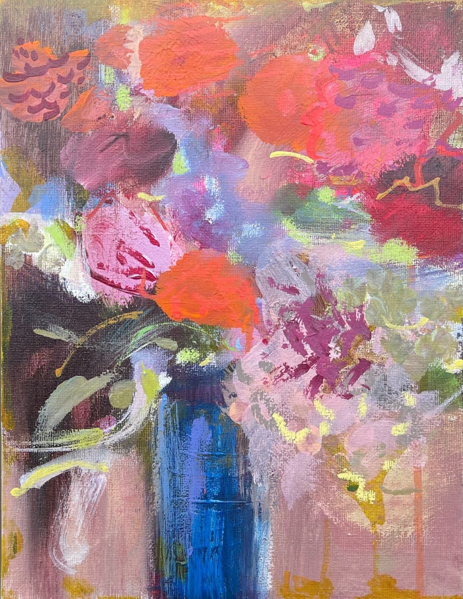 Zinnias, Blue Pot by Lesley Birch, Image 2.