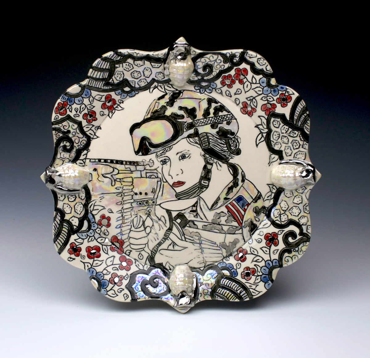 America, The Beautiful, Porcelain, Mishima, Underglaze, Glaze, Platinum and Mother of Pearl Luster by Jessica Putnam-Phillips 