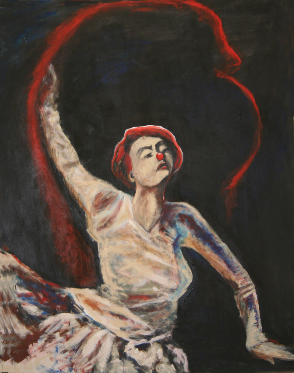 RED RIBBON-GRAND FINALE, Painting, Circus Series by Beatriz Mejia-Krumbein 