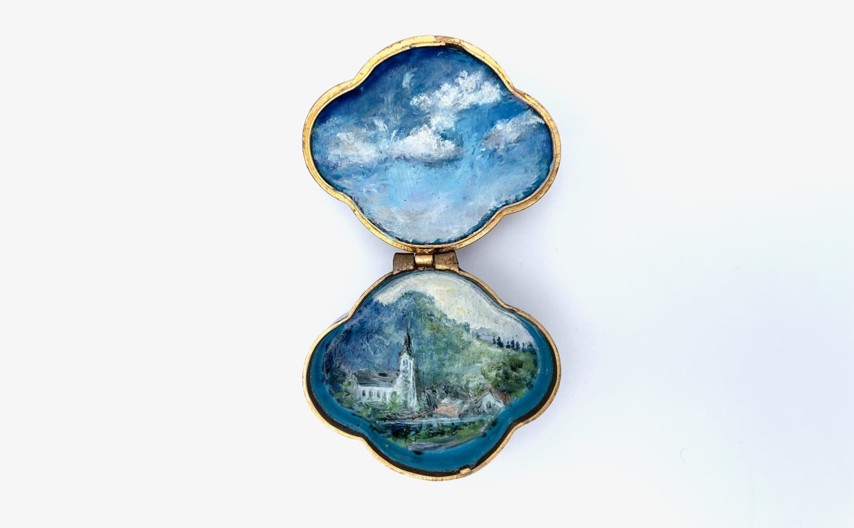 Village Church, Diptych in Enamel Pillbox by Shelley Vanderbyl 