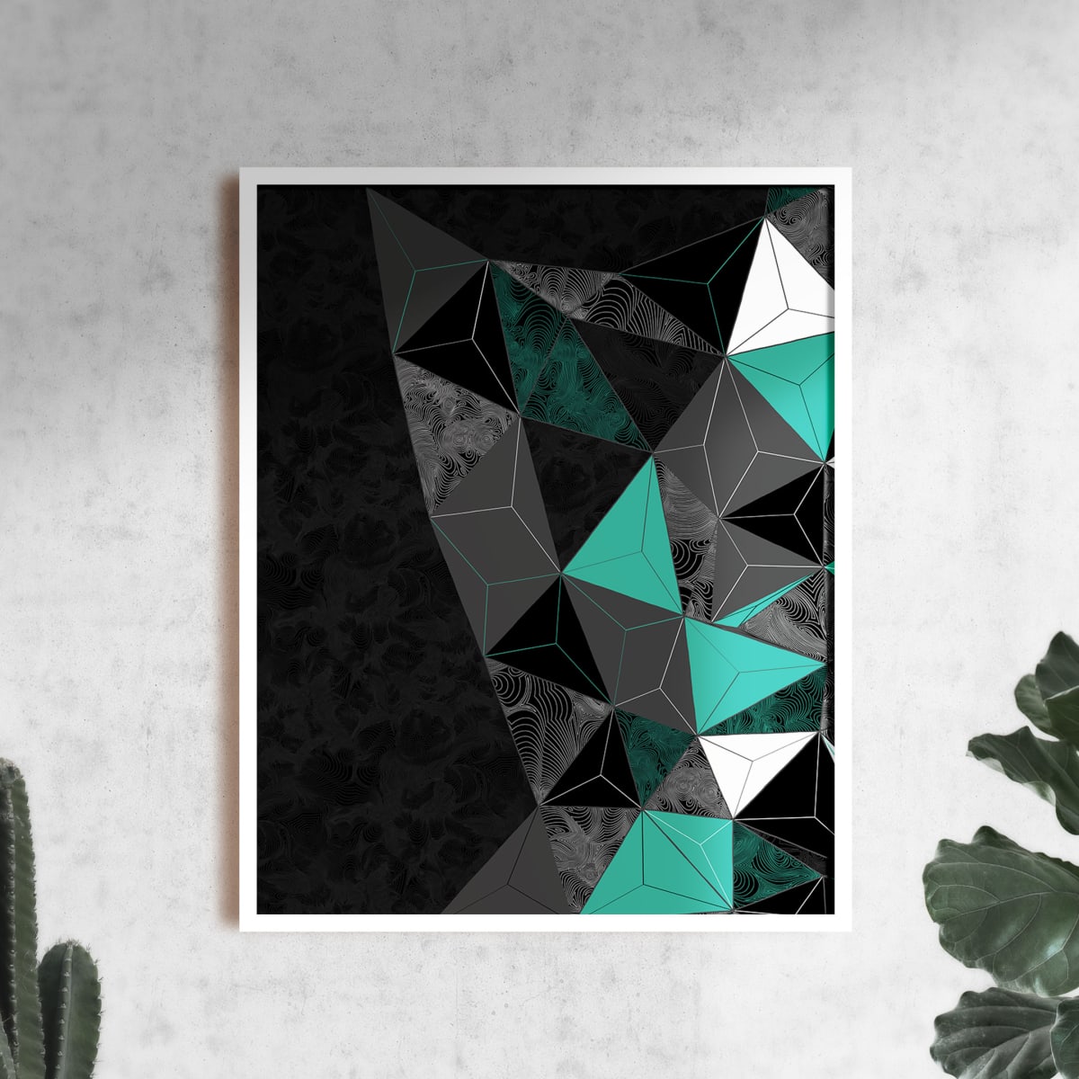 "Conscious Growth 095" Large One-of-a-Kind Print by Debbie Clapper  Image: Conscious Growth Print 095, a black, white, teal, and gray one of a kind archival modern art print
