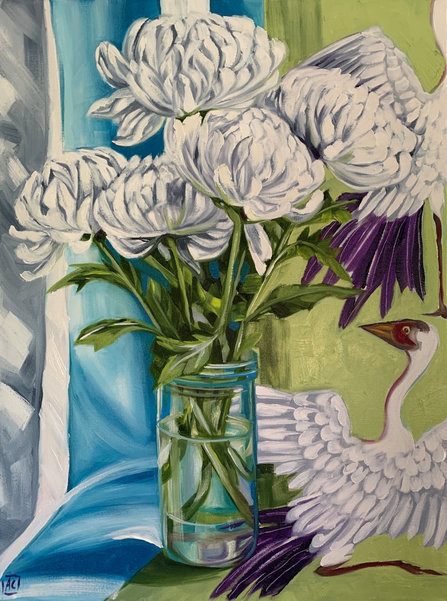 White Chrysanthemum and Heron Stripes by Alicia Cornwell 