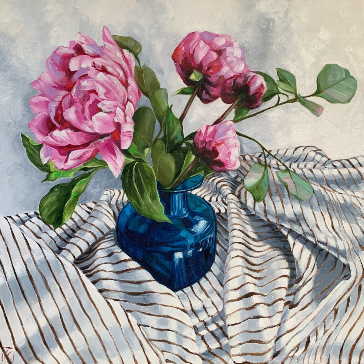 Peonies with gum leaf and Stripe by Alicia Cornwell 