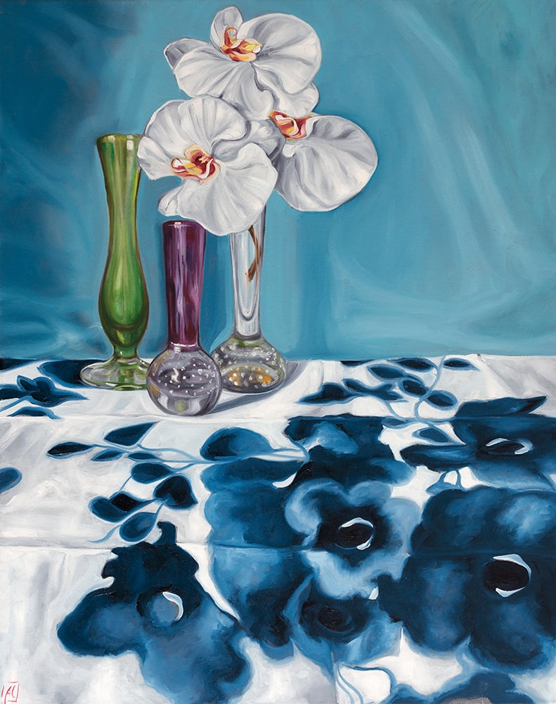 1950's Art Glass and Blue Swapcard Orchids by Alicia Cornwell 