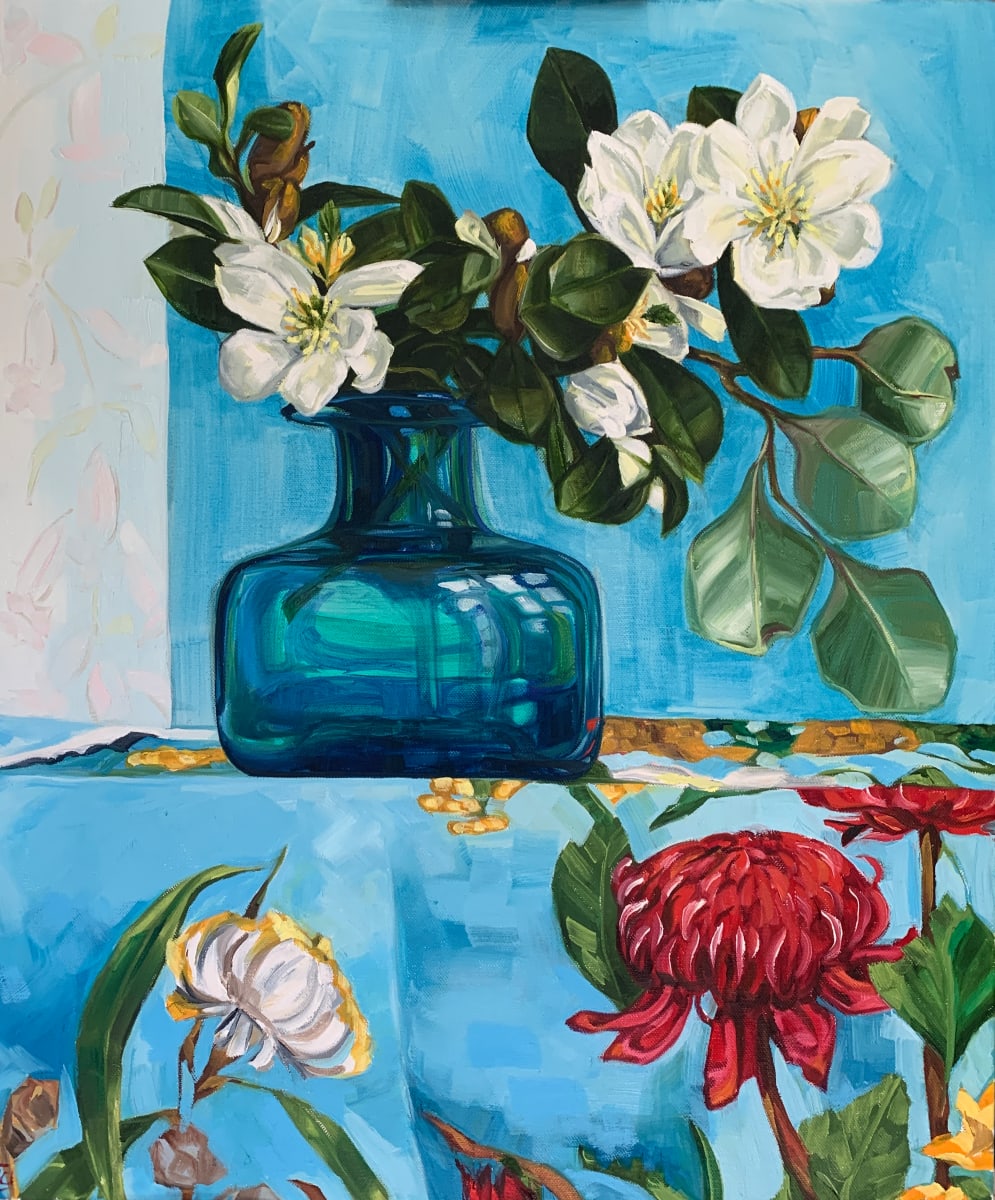 Magnolias on Vintage Souvenir by Alicia Cornwell 