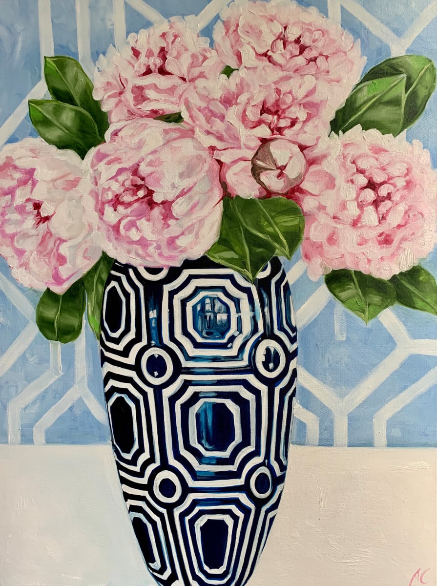 Hamptons Peonies in Blue Geo Vase 