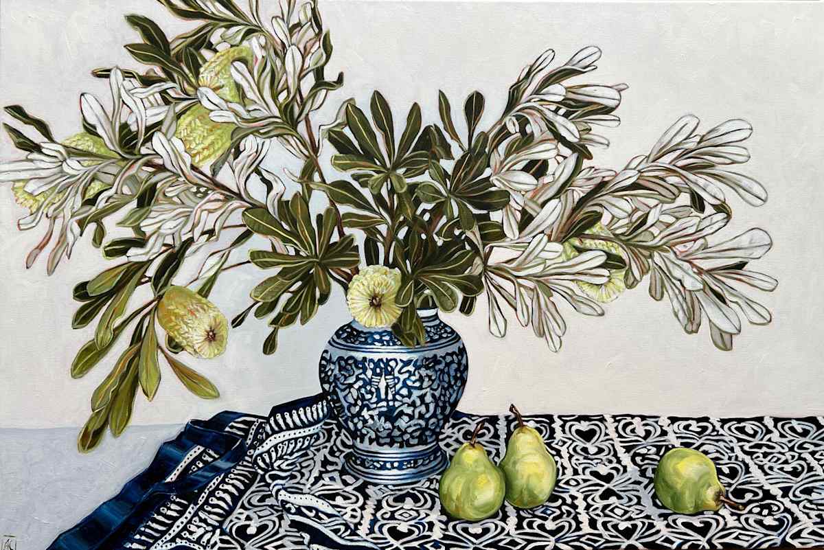 Banksia and Pears on Blue and White by Alicia Cornwell 