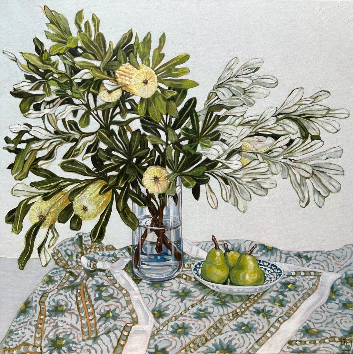 Banksia and Pears on Tablecloth by Alicia Cornwell 