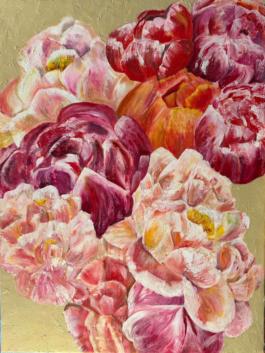 Together We're Better by Lisa Cirenza  Image: A cluster of peonies fills the frame, each distinct yet intertwined in colour, form, and texture. The petals lean into one another, overlapping in warm reds, soft pinks, and luminous golds, creating a an abundance that none of them could create alone. Individuality celebrated within closeness, and beauty amplified through connection.