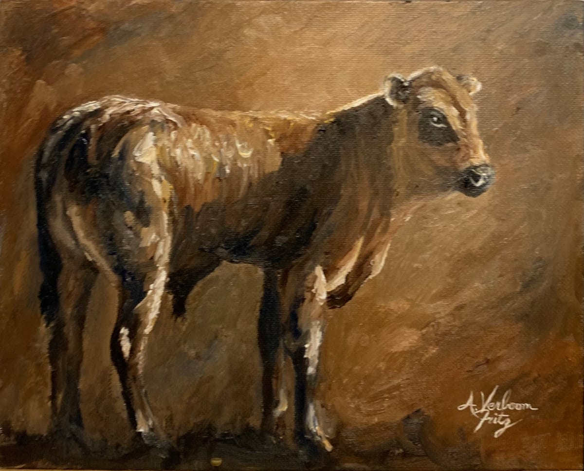 Calf Study by Alexandra Verboom Fritz  Image: ‘Calf Study’ is an original oil painting by Alexandra Verboom Fritz featuring an Angus calf standing alone in the bright afternoon sun.