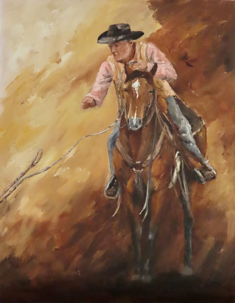 Take the Shot by Alexandra Verboom Fritz  Image: ‘Take the Shot’ is an original oil painting by Alexandra Verboom Fritz of a cowboy on horseback roping. The moment captured is a second after the cowboy releases his loop. His target is off the canvas leaving the viewer waiting and longing to know if it was a clean shot or if it was a miss, anticipating the results nearly as much as the rider himself. 