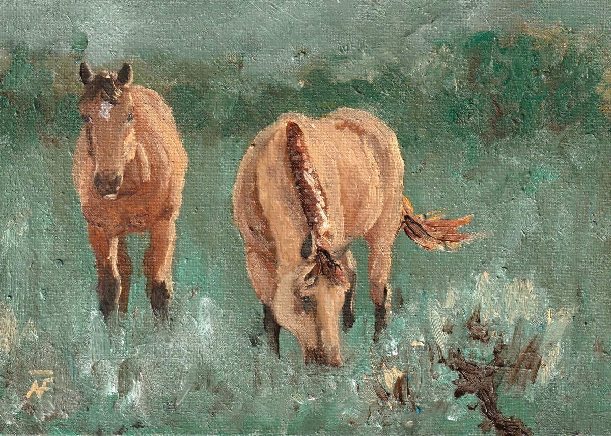 Two Bucks in Sage 1 by Alexandra Verboom Fritz  Image: ‘Two Bucks in Sage 1 ’ is an original oil painting of two buckskin horses grazing in the sagebrush country. 

About the artist: Alexandra Verboom Fritz is a contemporary western artist from British Columbia, Canada. Alexandra’s art is strongly influenced by her love for horses, the ranching lifestyle, and the enduring traditions of the west. 

Through her art practice Verboom Fritz hopes to honour the men and women that are keeping the traditional west alive and to create a legacy for the generations to come.