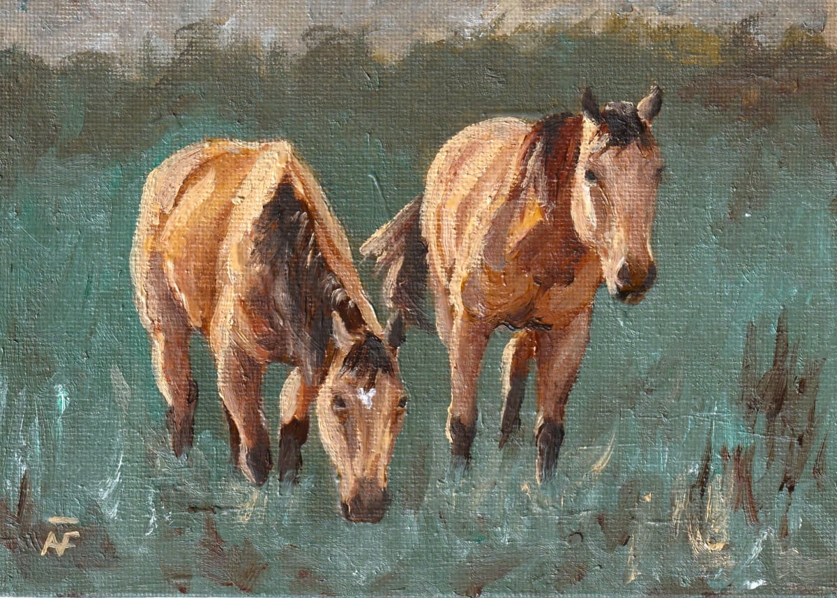 Two Bucks in Sage 2 by Alexandra Verboom Fritz  Image: ‘Two Bucks in Sage 2’ is an original oil painting of two buckskin horses grazing in the sagebrush country. About the artist: Alexandra Verboom Fritz is a contemporary western artist from British Columbia, Canada. Alexandra’s art is strongly influenced by her love for horses, the ranching lifestyle, and the enduring traditions of the west. Through her art practice Verboom Fritz hopes to honour the men and women that are keeping the traditional west alive and to create a legacy for the generations to come.