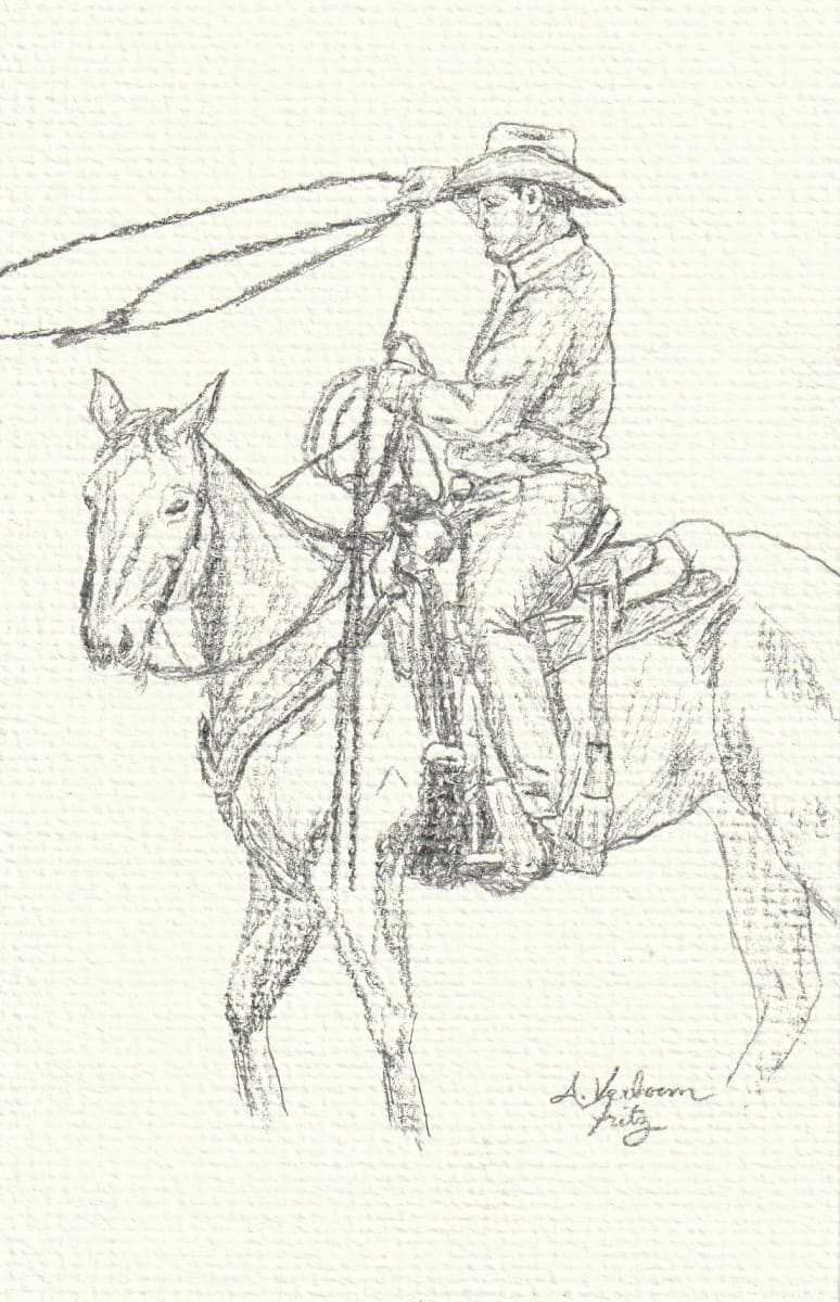 Roper Study 11 by Alexandra Verboom Fritz  Image: ‘Roper Studies’ are original pencil sketches by Alexandra Verboom Fritz featuring cowboys on horseback in various roping positions. These quick sketches are studies for possible future works. 