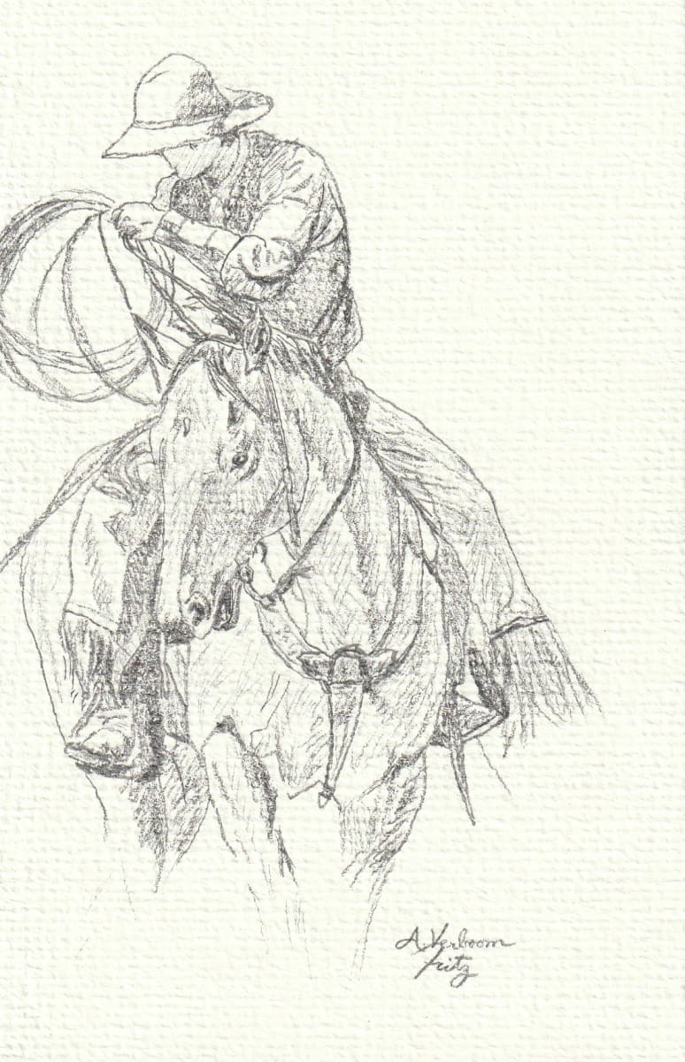 Roper Study 1 by Alexandra Verboom Fritz  Image: ‘Roper Studies’ are original pencil sketches by Alexandra Verboom Fritz featuring cowboys on horseback in various roping positions. These quick sketches are studies for possible future works. 