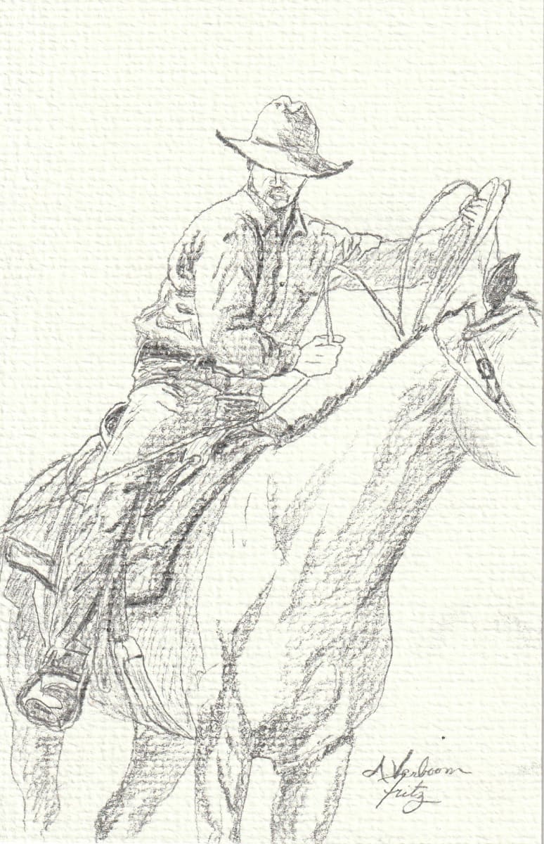 Roper Study 2 by Alexandra Verboom Fritz  Image: ‘Roper Studies’ are original pencil sketches by Alexandra Verboom Fritz featuring cowboys on horseback in various roping positions. These quick sketches are studies for possible future works. 