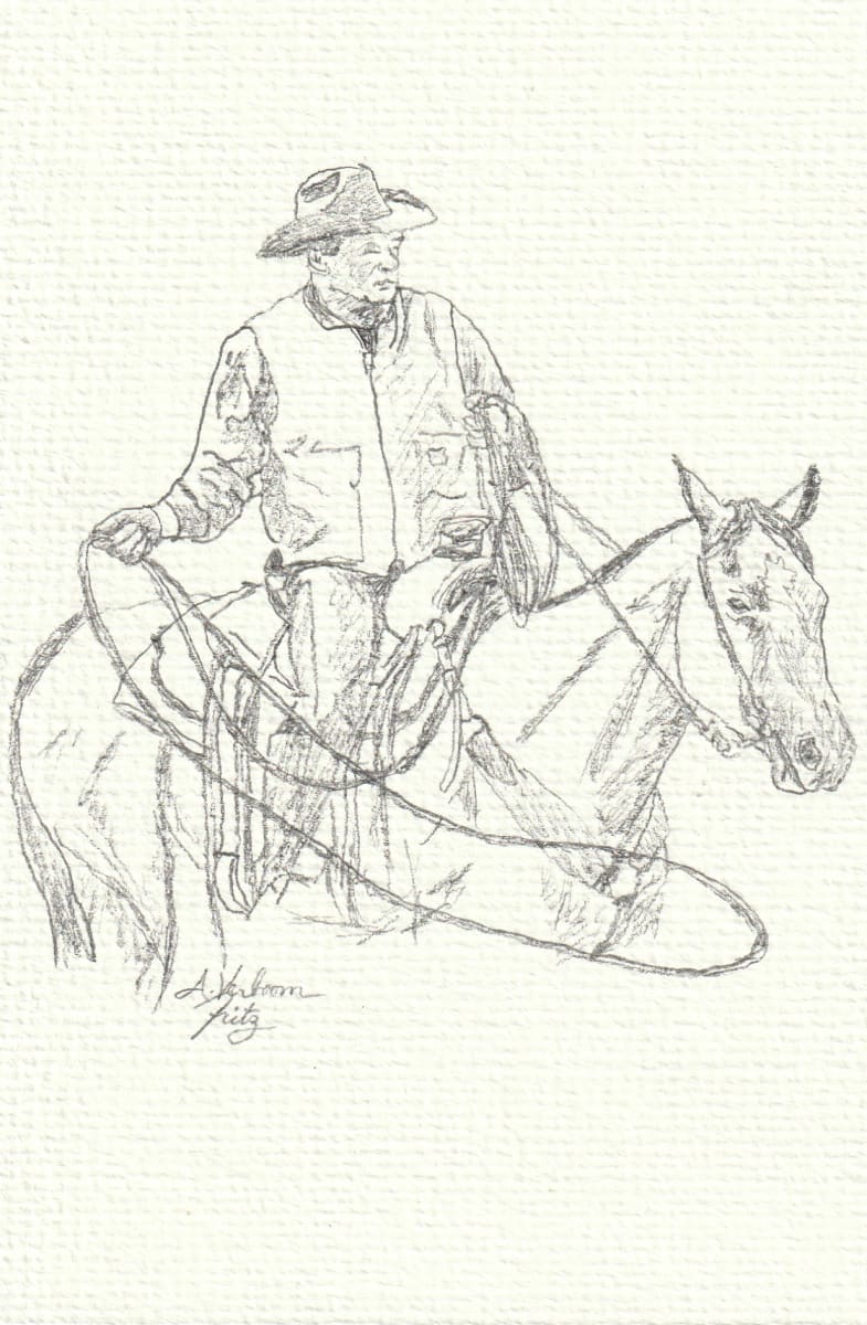 Roper Study 3 by Alexandra Verboom Fritz  Image: ‘Roper Studies’ are original pencil sketches by Alexandra Verboom Fritz featuring cowboys on horseback in various roping positions. These quick sketches are studies for possible future works. 
