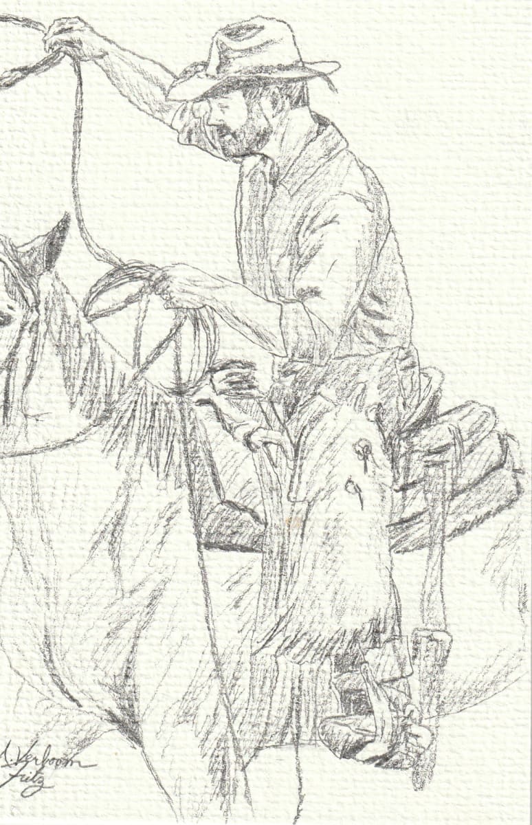 Roper Study 4 by Alexandra Verboom Fritz  Image: ‘Roper Studies’ are original pencil sketches by Alexandra Verboom Fritz featuring cowboys on horseback in various roping positions. These quick sketches are studies for possible future works. 
