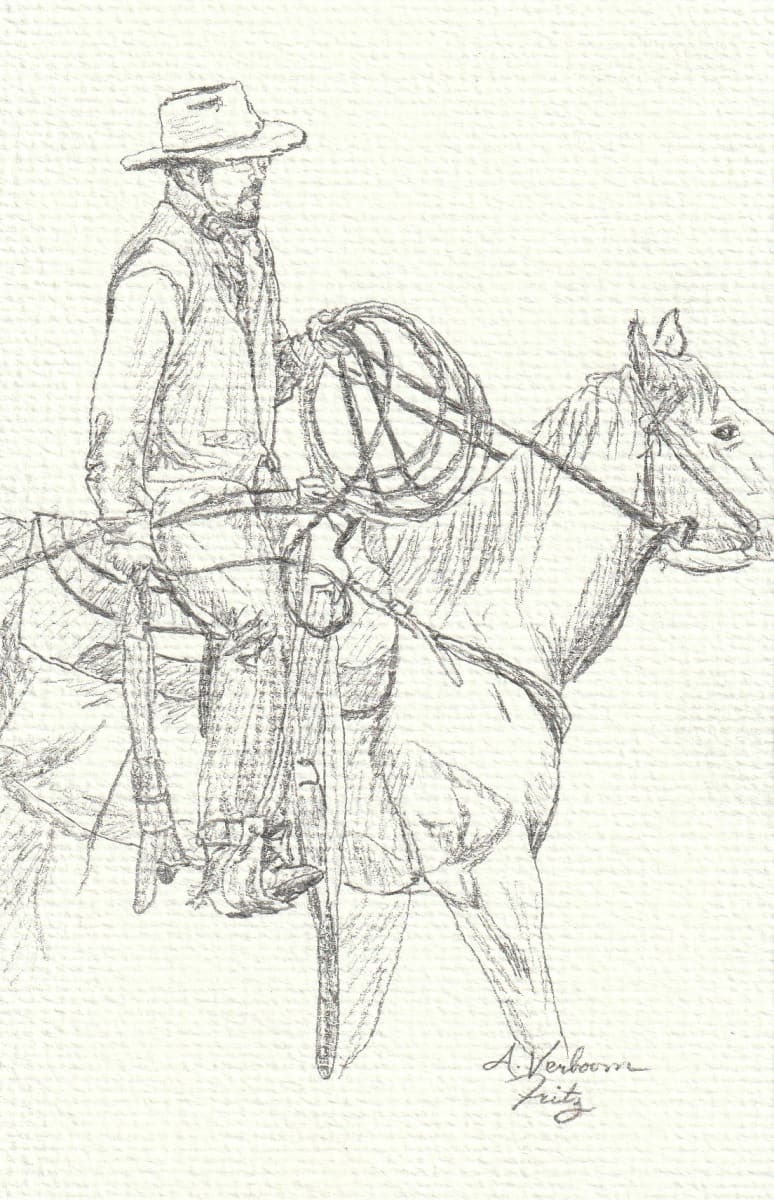 Roper Study 7 by Alexandra Verboom Fritz  Image: ‘Roper Studies’ are original pencil sketches by Alexandra Verboom Fritz featuring cowboys on horseback in various roping positions. These quick sketches are studies for possible future works. 