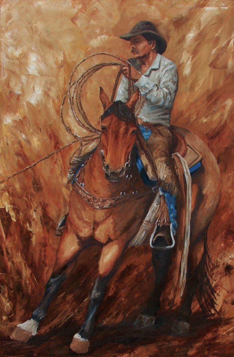 Just Another Day by Alexandra Verboom Fritz  Image: ‘Just Another Day’ is an original oil painting by Alexandra Verboom Fritz featuring a cowboy on horseback holding the rope tight on a calf during a branding.