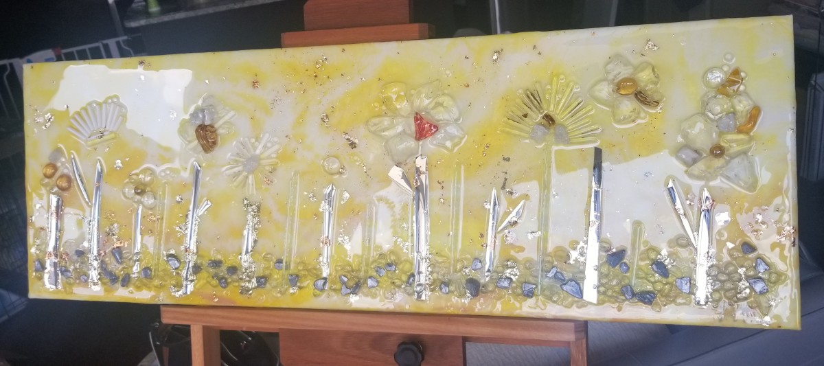 Bright Sunshiny Day - Resin + Glass Art | Yellow Glass Flowers | 12"x 36" x 1.5" Canvas by Tana Hensley, Image 6.
