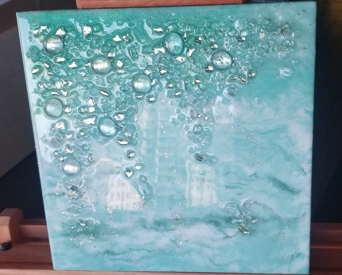 Abstract Resin + Recycled Glass Artwork | 12"×12"×1.5" | Mint Green by Tana Hensley, Image 1.