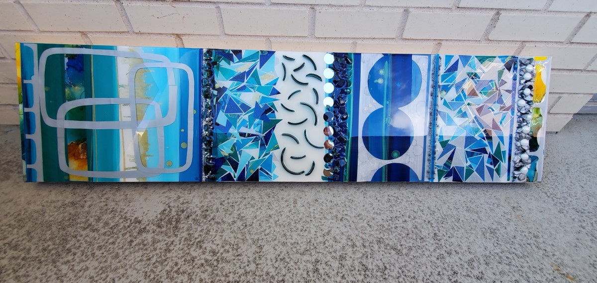 Abstract Blue, Green, Silver, Mosaic Collage Resin Art 48"×12"×1.5" Gallery Cradled Wood Panel by Tana Hensley, Image 8.