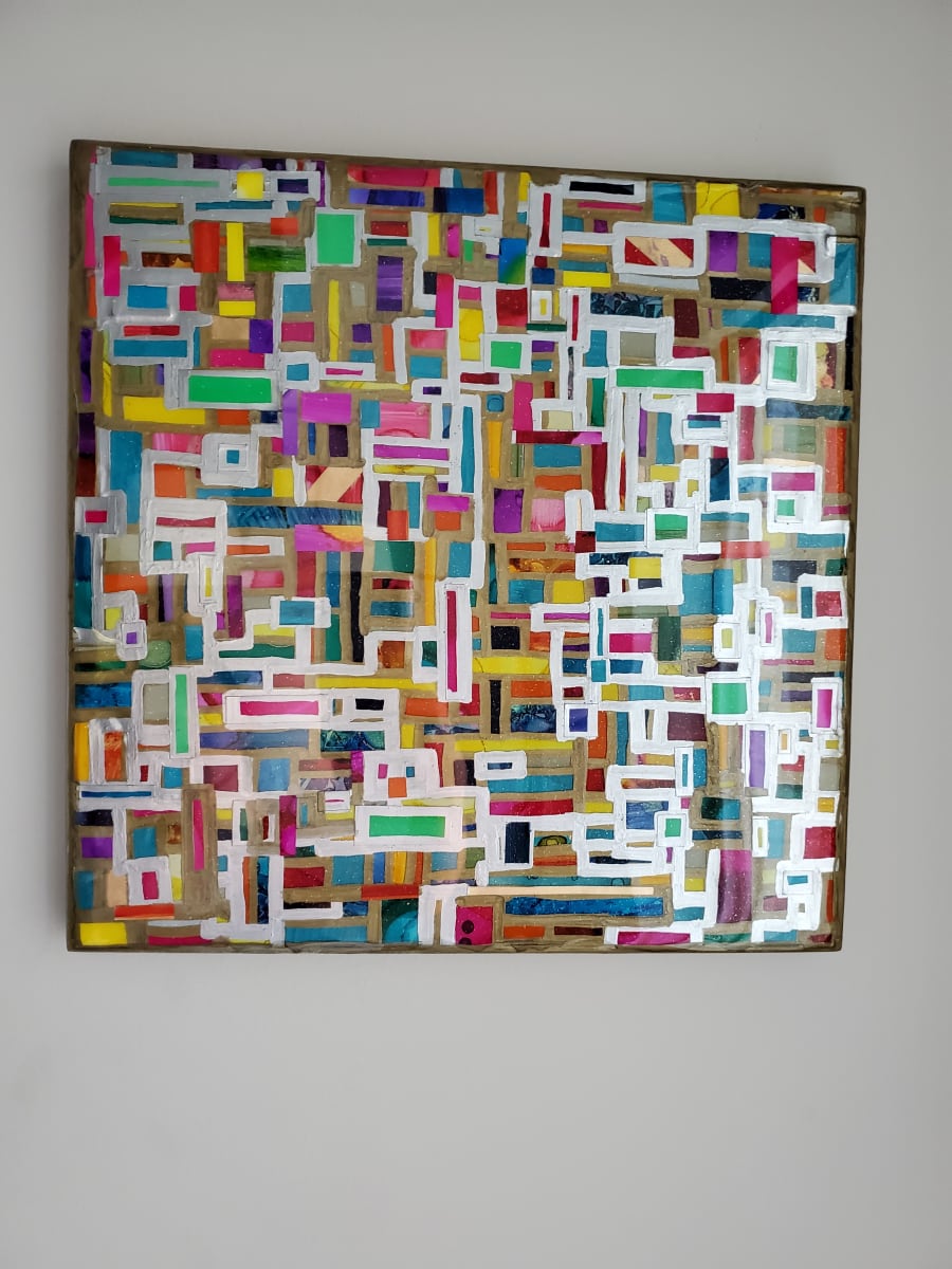 Mosaic Collage w Gold Leaf Edges, Layers of Hand Cut Pieces on Gallery Cradled 14"x14" Wood Panel w Layers of Resin by Tana Hensley 