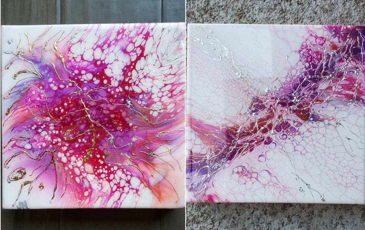 Abstract Acrylic w Resin Art w Gold & Silver Leaf [Orange, Pink, Gold] 