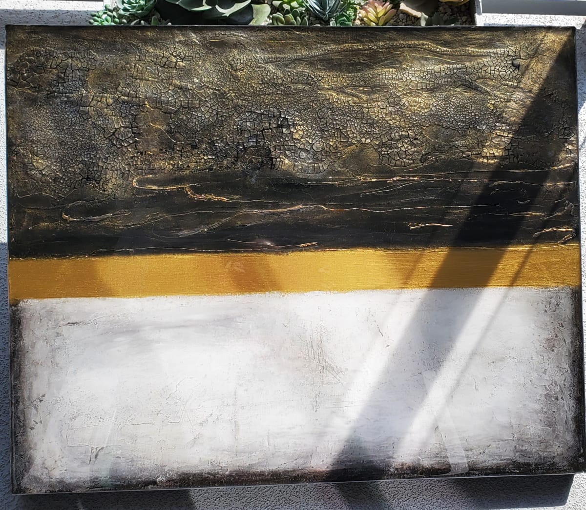 Textured Linear Abstract Mixed Media on Gallery Cradled Birch Wood Panel (Black, Gold, Gunmetal) by Tana Hensley, Image 5.