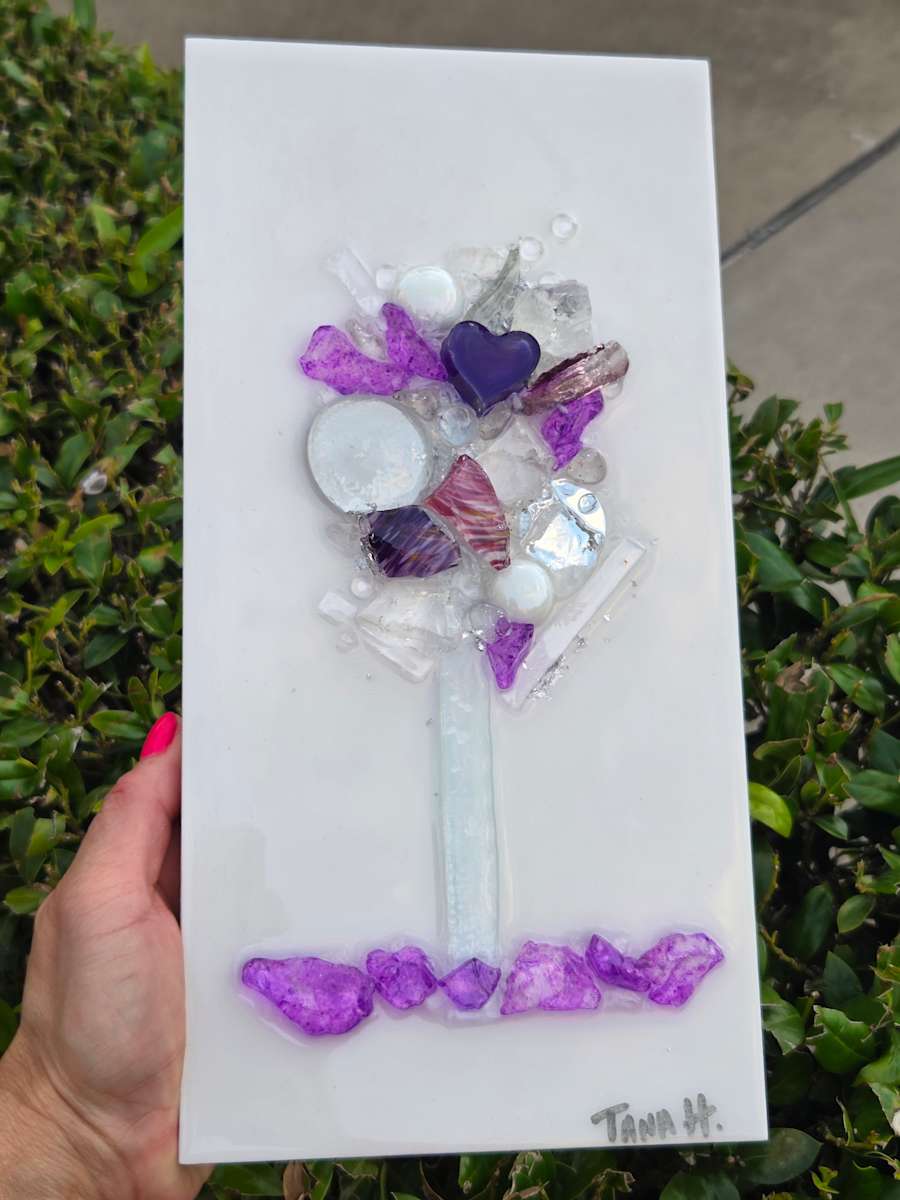Resin Glass Abstract Tree in Purple, Voilet with Silver Leaf and Mirror Glass  6x12 by Tana Hensley, Image 5.